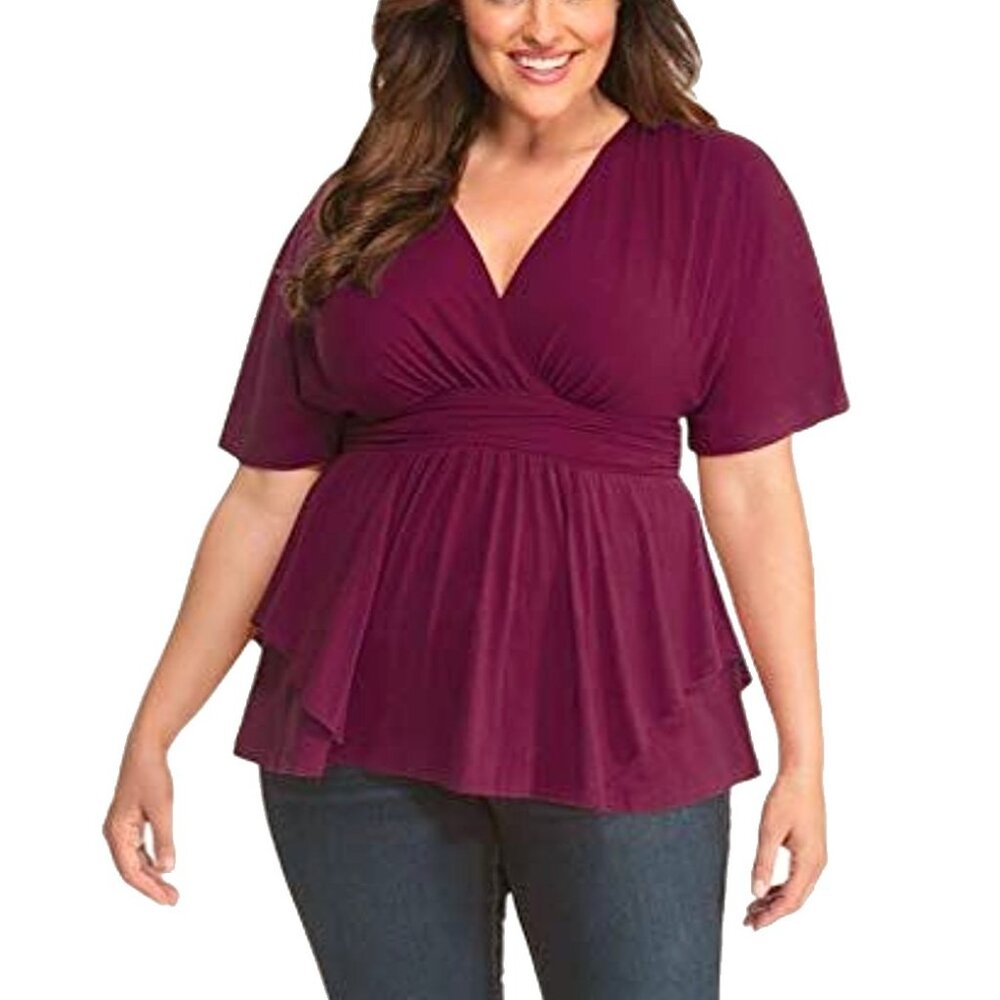 Women's Plus Size Soft Jersey V-Neck Everyday Casual Dressy Knit Promenade Top - Picture 3 of 5